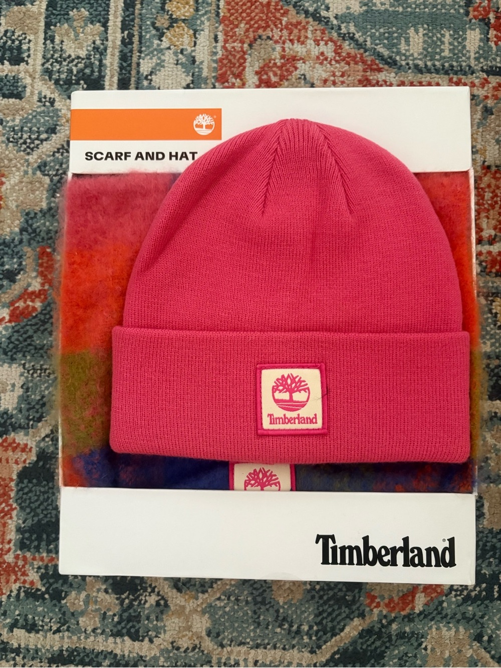 Timberland Beanie and Colorful Scarf Set